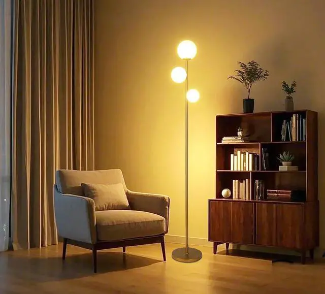 Alt view image 4 of 6 - Fiqevs 3 Globe Mid Century Modern Floor Lamp for Living Room, Gold Standing Lamp with Frosted Glass Shade and 3x2700K Warm LED Bulbs, Vintage Retro Tall Lamps for Bedrooms, Office - Antique Brass