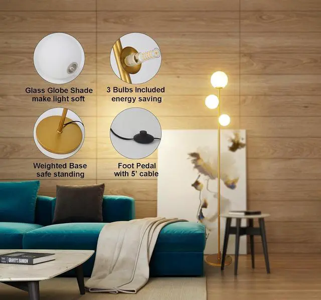 Alt view image 5 of 6 - Fiqevs 3 Globe Mid Century Modern Floor Lamp for Living Room, Gold Standing Lamp with Frosted Glass Shade and 3x2700K Warm LED Bulbs, Vintage Retro Tall Lamps for Bedrooms, Office - Antique Brass