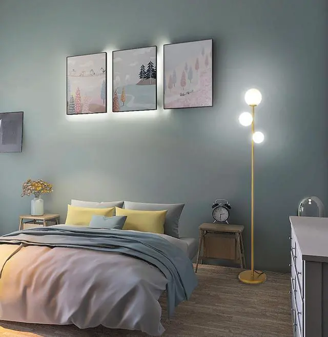 Alt view image 6 of 6 - Fiqevs 3 Globe Mid Century Modern Floor Lamp for Living Room, Gold Standing Lamp with Frosted Glass Shade and 3x2700K Warm LED Bulbs, Vintage Retro Tall Lamps for Bedrooms, Office - Antique Brass