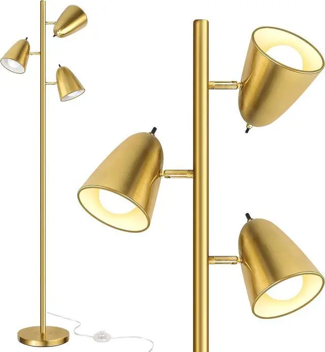 Main image of QiMH Tree Floor Lamp with 3 Light Bulbs, Standing Tall Pole Lamps for Living Room Bedroom Office, Reading Stand up Lamps with 3 Adjustable Arms, Brushed Gold
