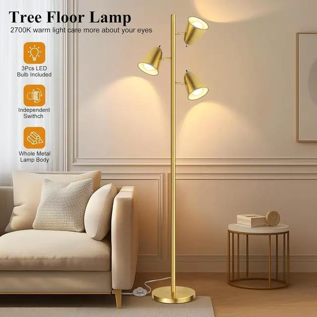 Alt view image 2 of 7 - QiMH Tree Floor Lamp with 3 Light Bulbs, Standing Tall Pole Lamps for Living Room Bedroom Office, Reading Stand up Lamps with 3 Adjustable Arms, Brushed Gold