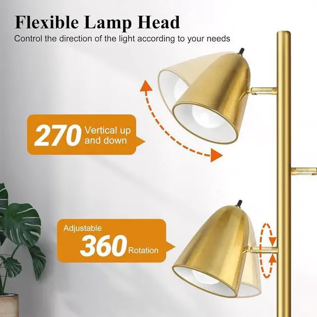 Alt view image 3 of 7 - QiMH Tree Floor Lamp with 3 Light Bulbs, Standing Tall Pole Lamps for Living Room Bedroom Office, Reading Stand up Lamps with 3 Adjustable Arms, Brushed Gold