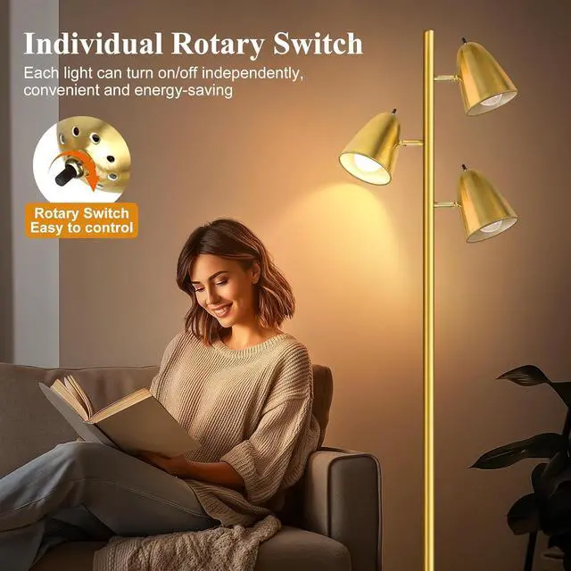 Alt view image 5 of 7 - QiMH Tree Floor Lamp with 3 Light Bulbs, Standing Tall Pole Lamps for Living Room Bedroom Office, Reading Stand up Lamps with 3 Adjustable Arms, Brushed Gold
