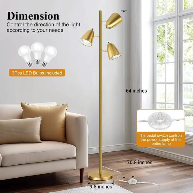 Alt view image 6 of 7 - QiMH Tree Floor Lamp with 3 Light Bulbs, Standing Tall Pole Lamps for Living Room Bedroom Office, Reading Stand up Lamps with 3 Adjustable Arms, Brushed Gold