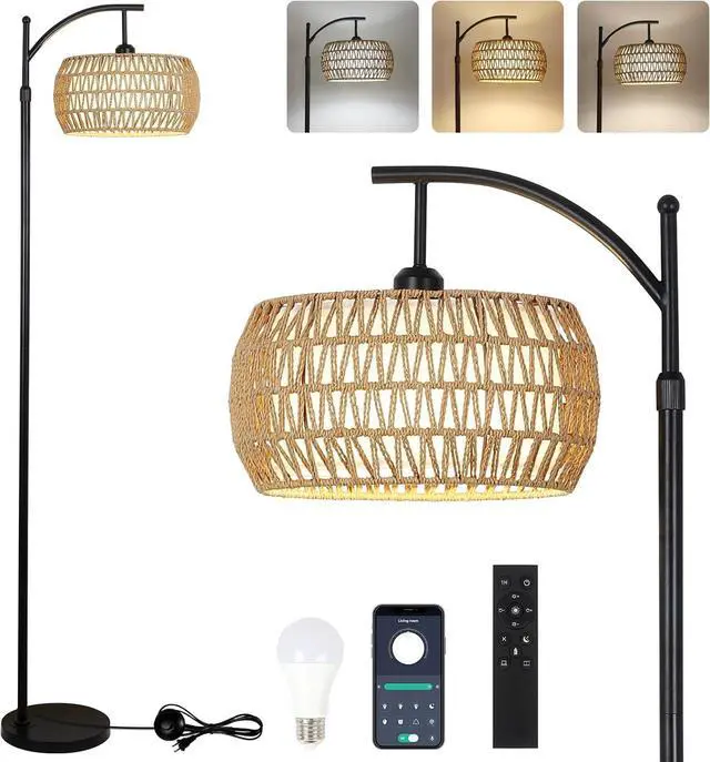 Main image of Arc Floor Lamp with Remote Control, Dimmable LED Floor Lamp with 3 Color Temperature, Black Standing Lamp with Rattan & Fabric Double Drum Shade, Boho Farmhouse Tall Pole Lamp for Living Room Bedroom