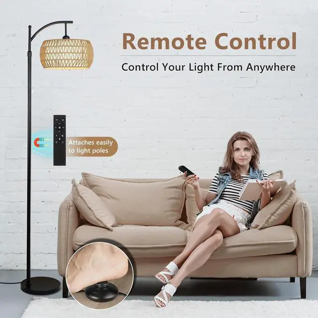 Alt view image 3 of 7 - Arc Floor Lamp with Remote Control, Dimmable LED Floor Lamp with 3 Color Temperature, Black Standing Lamp with Rattan & Fabric Double Drum Shade, Boho Farmhouse Tall Pole Lamp for Living Room Bedroom