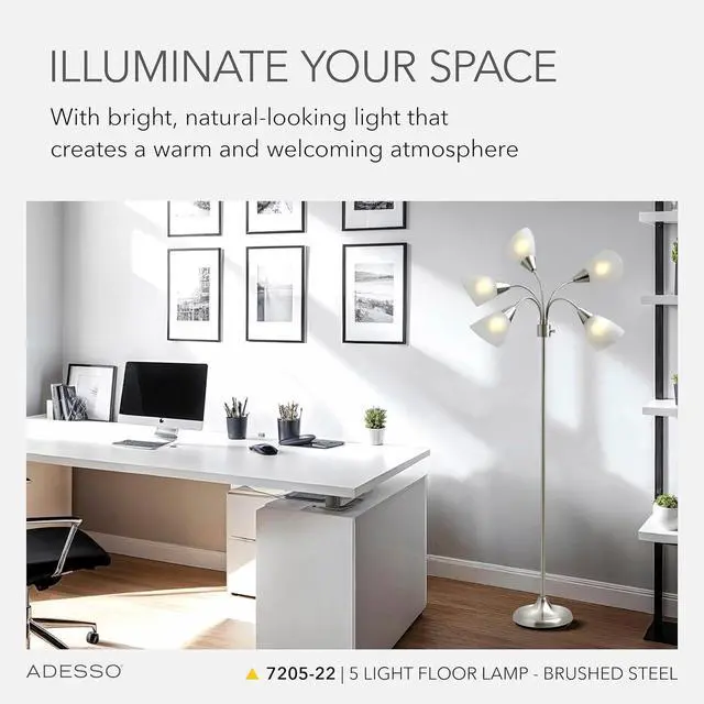 Alt view image 2 of 7 - Adesso Floor Lamp with 5 Movable Shades & Adjustable Brightness  Perfect Lighting for Bedroom Decor, Beauty & Art Studio, Silver