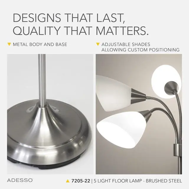 Alt view image 4 of 7 - Adesso Floor Lamp with 5 Movable Shades & Adjustable Brightness  Perfect Lighting for Bedroom Decor, Beauty & Art Studio, Silver