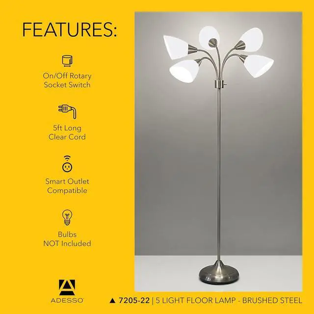 Alt view image 5 of 7 - Adesso Floor Lamp with 5 Movable Shades & Adjustable Brightness  Perfect Lighting for Bedroom Decor, Beauty & Art Studio, Silver