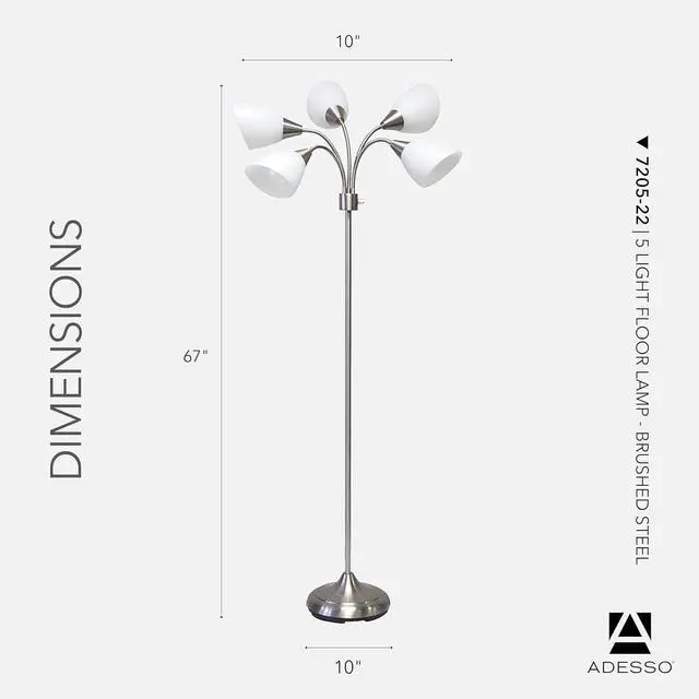 Alt view image 6 of 7 - Adesso Floor Lamp with 5 Movable Shades & Adjustable Brightness  Perfect Lighting for Bedroom Decor, Beauty & Art Studio, Silver