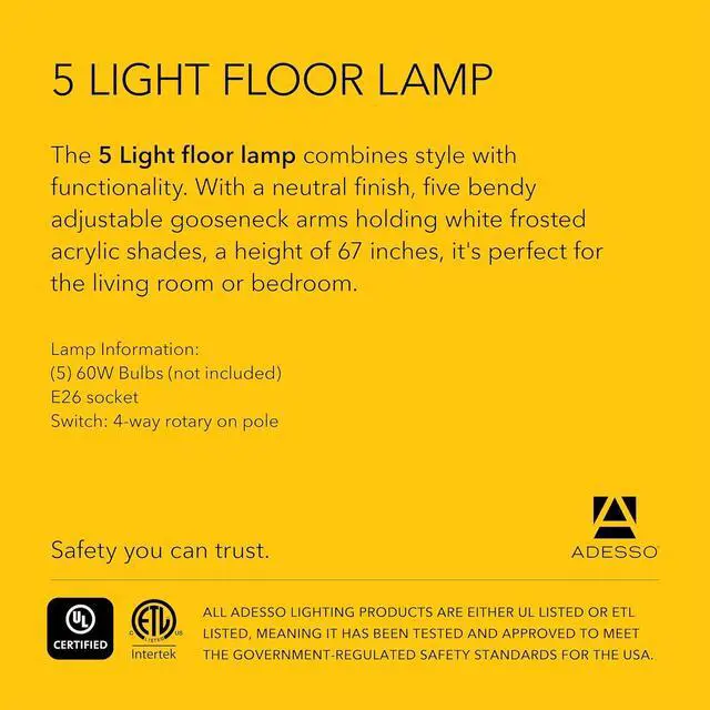 Alt view image 7 of 7 - Adesso Floor Lamp with 5 Movable Shades & Adjustable Brightness  Perfect Lighting for Bedroom Decor, Beauty & Art Studio, Silver