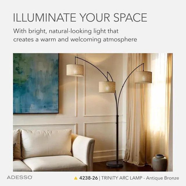 Alt view image 2 of 7 - Adesso Arc Floor Lamp with 3 Movable Shades & Dimmable Brightness - Perfect Lighting for Bedroom, Living Room and Corner Decor, Antique Bronze