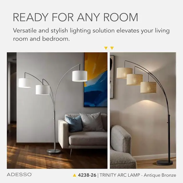 Alt view image 3 of 7 - Adesso Arc Floor Lamp with 3 Movable Shades & Dimmable Brightness - Perfect Lighting for Bedroom, Living Room and Corner Decor, Antique Bronze