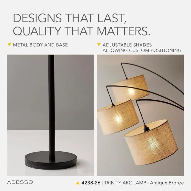 Alt view image 4 of 7 - Adesso Arc Floor Lamp with 3 Movable Shades & Dimmable Brightness - Perfect Lighting for Bedroom, Living Room and Corner Decor, Antique Bronze