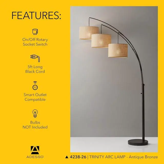 Alt view image 5 of 7 - Adesso Arc Floor Lamp with 3 Movable Shades & Dimmable Brightness - Perfect Lighting for Bedroom, Living Room and Corner Decor, Antique Bronze