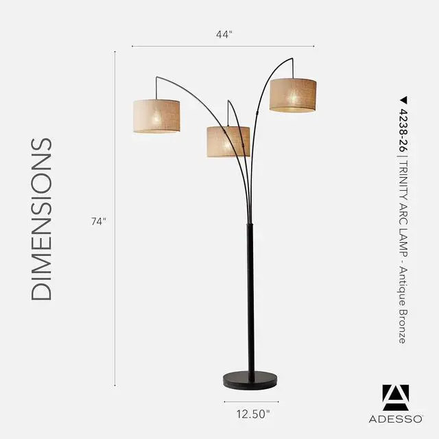 Alt view image 6 of 7 - Adesso Arc Floor Lamp with 3 Movable Shades & Dimmable Brightness - Perfect Lighting for Bedroom, Living Room and Corner Decor, Antique Bronze
