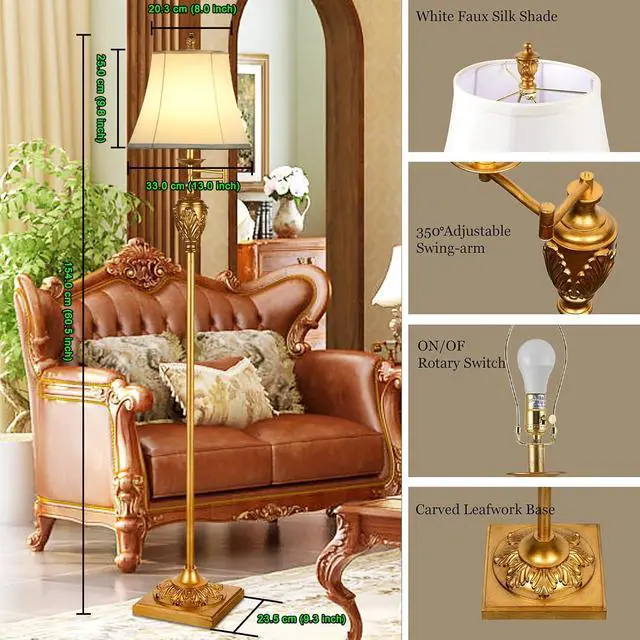 Alt view image 2 of 7 - Traditional LED Floor Lamp with 350° Adjustable  Vintage Pole lamp Swing arm for Living Room, Bedroom and Office  Rustic Upright Floor Light for Home Décor with Faux Silk Fabric Shade
