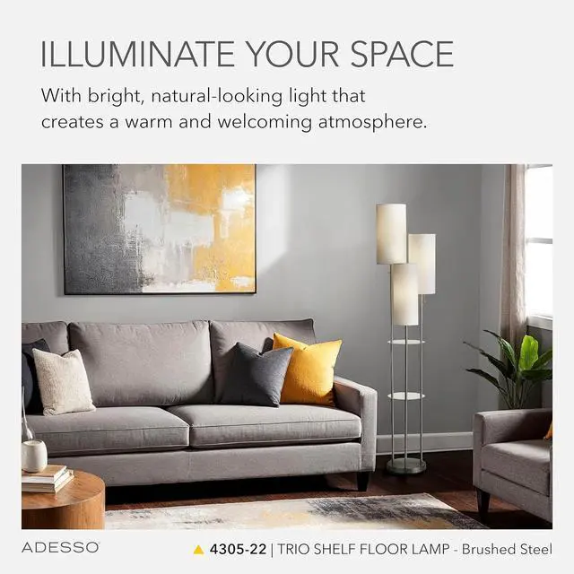 Alt view image 2 of 6 - Adesso Trio Floor Lamp with Three Pull Chain Lights and Two-Tier Storage, Brushed Steel Base, White Linen Shades, 68 Tall, Enhances Room Decor and Lighting