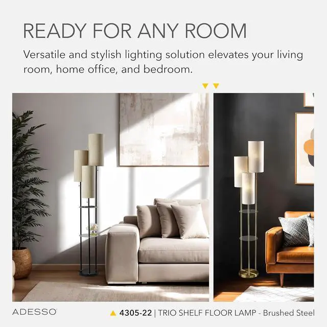 Alt view image 3 of 6 - Adesso Trio Floor Lamp with Three Pull Chain Lights and Two-Tier Storage, Brushed Steel Base, White Linen Shades, 68 Tall, Enhances Room Decor and Lighting