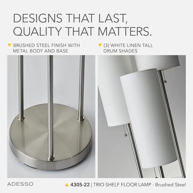 Alt view image 4 of 6 - Adesso Trio Floor Lamp with Three Pull Chain Lights and Two-Tier Storage, Brushed Steel Base, White Linen Shades, 68 Tall, Enhances Room Decor and Lighting