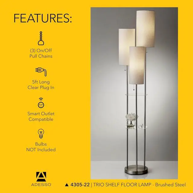 Alt view image 5 of 6 - Adesso Trio Floor Lamp with Three Pull Chain Lights and Two-Tier Storage, Brushed Steel Base, White Linen Shades, 68 Tall, Enhances Room Decor and Lighting