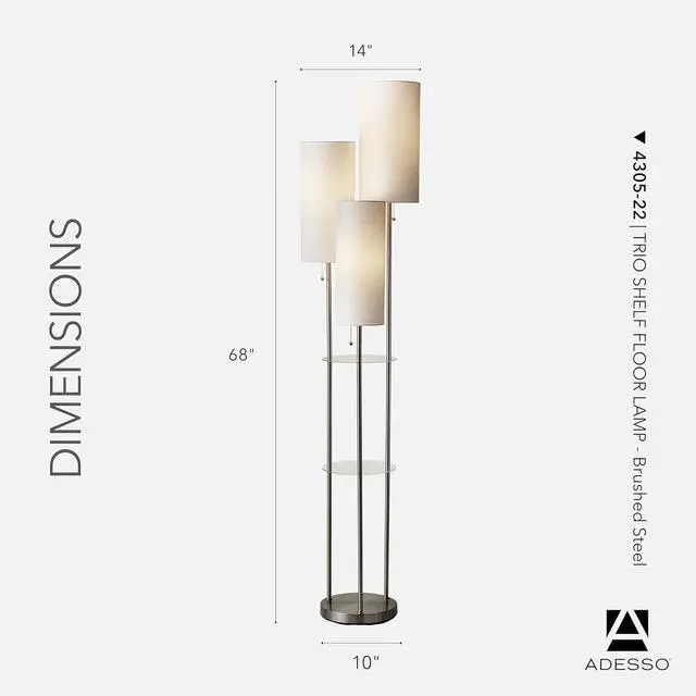 Alt view image 6 of 6 - Adesso Trio Floor Lamp with Three Pull Chain Lights and Two-Tier Storage, Brushed Steel Base, White Linen Shades, 68 Tall, Enhances Room Decor and Lighting