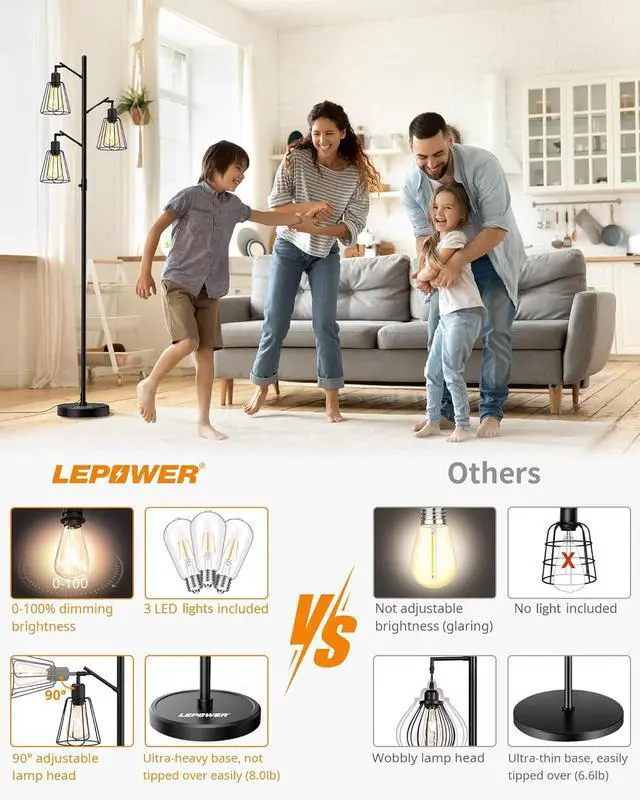 Alt view image 2 of 7 - LEPOWER Industrial Floor Lamp, 3 x 800LM LED Edison Lamps Included, Floor Lamp for Bedroom with 90° Multi Head, Dimmable Floor Lamps Black for Office, Bedroom, Farmhouse Decor