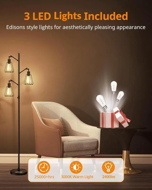 Alt view image 4 of 7 - LEPOWER Industrial Floor Lamp, 3 x 800LM LED Edison Lamps Included, Floor Lamp for Bedroom with 90° Multi Head, Dimmable Floor Lamps Black for Office, Bedroom, Farmhouse Decor