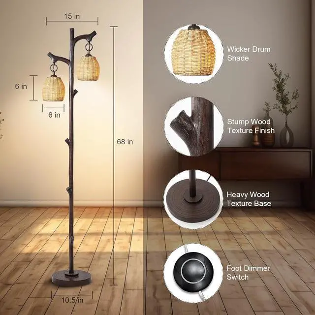 Alt view image 2 of 7 - 68" High Farmhouse Rustic Country Cottage Floor Lamp Tree Trunk Faux Wood Column Dark Bronze Wicker Drum Shade Decor for Living Room Bedroom Reading Room