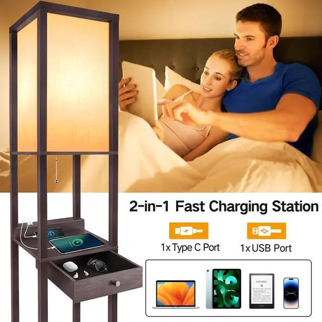 Alt view image 2 of 7 - OUTON Deluxe Shelf Floor Lamp with 1 Drawer, 2 USB-C Ports, 2 AC Outlets, LED Modern Floor Lamp with 3 Color Temperature, Storage Display Wood Standing Lamp for Living Room, Bedroom, Office (Walnut)