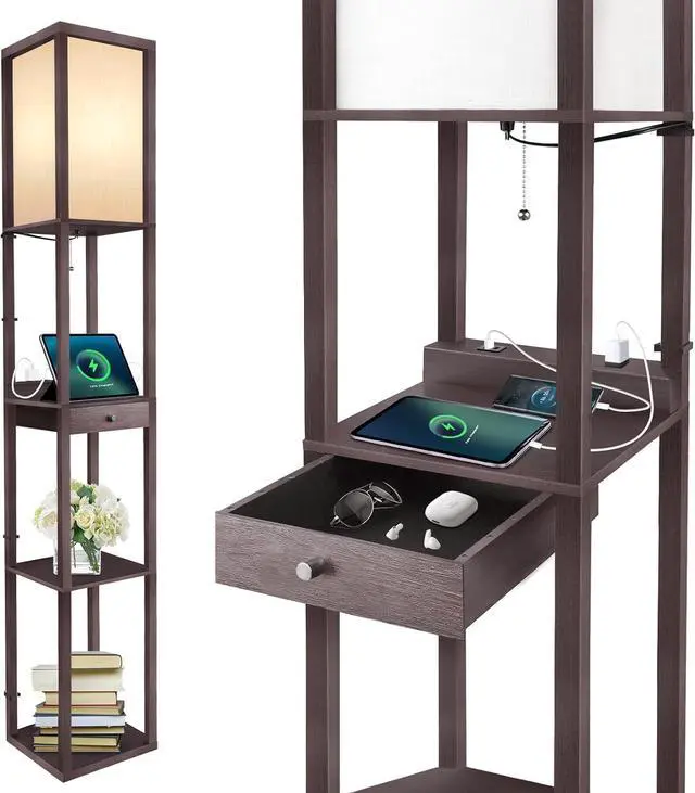 Main image of OUTON Deluxe Shelf Floor Lamp with 1 Drawer, 2 USB-C Ports, 2 AC Outlets, LED Modern Floor Lamp with 3 Color Temperature, Storage Display Wood Standing Lamp for Living Room, Bedroom, Office (Walnut)