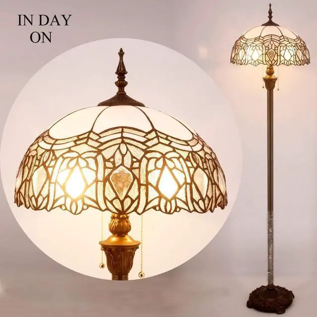 Alt view image 2 of 7 - WERFACTORY Tiffany Floor Lamp Crystal Bead White Stained Glass Standing Reading Light 16X16X64 Inches Antique Pole Corner Lamp Decor Bedroom Living Room Home Office S508W Series