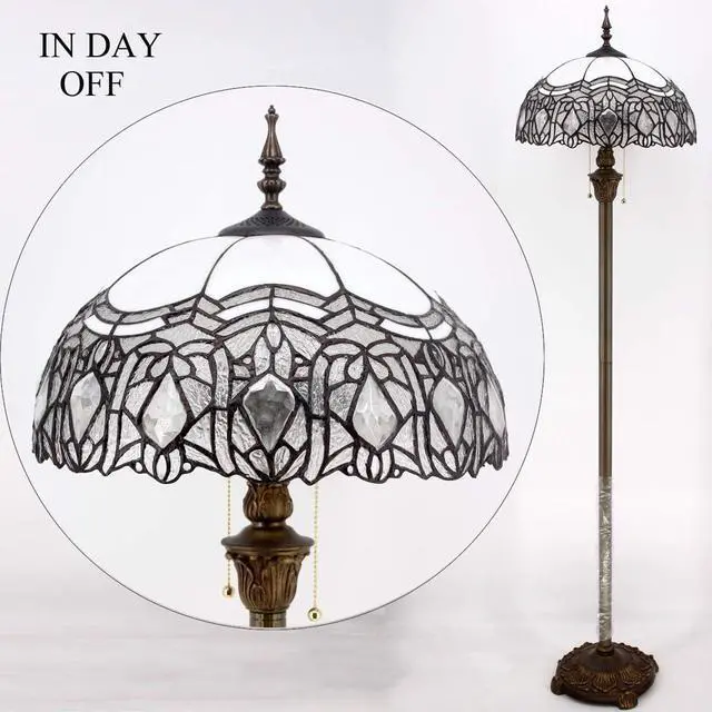 Alt view image 4 of 7 - WERFACTORY Tiffany Floor Lamp Crystal Bead White Stained Glass Standing Reading Light 16X16X64 Inches Antique Pole Corner Lamp Decor Bedroom Living Room Home Office S508W Series