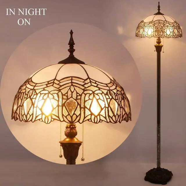 Alt view image 3 of 7 - WERFACTORY Tiffany Floor Lamp Crystal Bead White Stained Glass Standing Reading Light 16X16X64 Inches Antique Pole Corner Lamp Decor Bedroom Living Room Home Office S508W Series