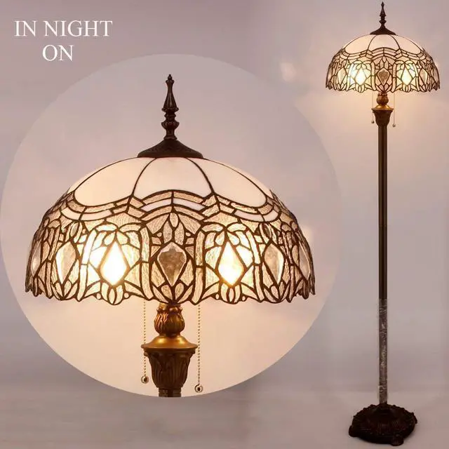 Alt view image 6 of 7 - WERFACTORY Tiffany Floor Lamp Crystal Bead White Stained Glass Standing Reading Light 16X16X64 Inches Antique Pole Corner Lamp Decor Bedroom Living Room Home Office S508W Series