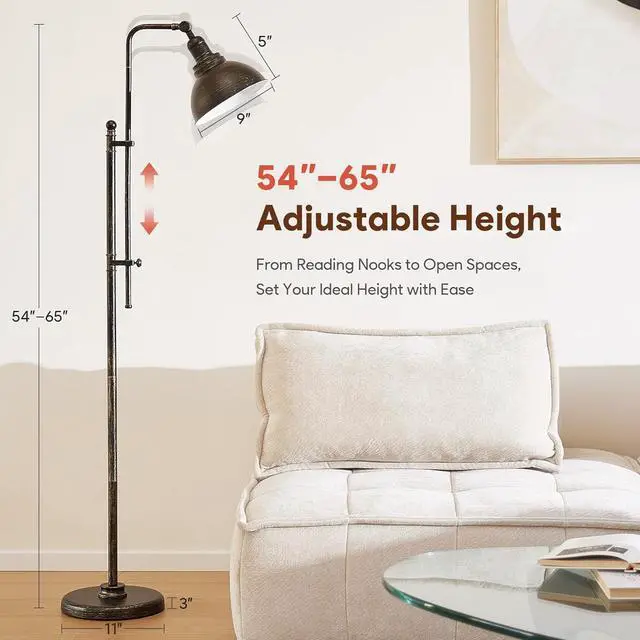 Alt view image 2 of 7 - VONLUCE Floor Lamp for Living Room, 65'' Tall Industrial Floor Lamp, Adjustable Height & Head Vintage Metal Standing Reading Pole Lamp for Bedroom, Office, Farmhouse