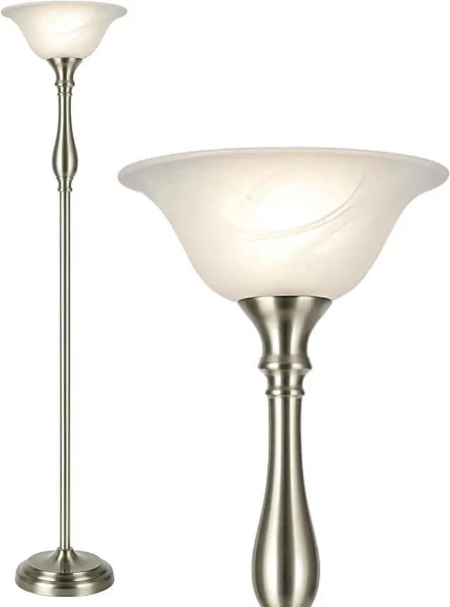 Main image of LIGHTACCENTS Floor Lamp, 72-Inch Standing Lamp with Brushed Nickel Finish and White Alabaster Glass Shade  Torchiere Pole Lamp for Living Room, Bedroom, or Corner Lighting