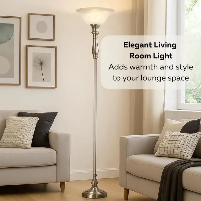 Alt view image 2 of 7 - LIGHTACCENTS Floor Lamp, 72-Inch Standing Lamp with Brushed Nickel Finish and White Alabaster Glass Shade  Torchiere Pole Lamp for Living Room, Bedroom, or Corner Lighting