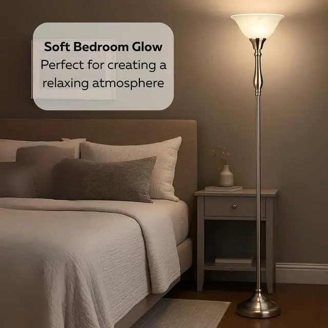 Alt view image 3 of 7 - LIGHTACCENTS Floor Lamp, 72-Inch Standing Lamp with Brushed Nickel Finish and White Alabaster Glass Shade  Torchiere Pole Lamp for Living Room, Bedroom, or Corner Lighting
