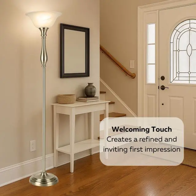 Alt view image 4 of 7 - LIGHTACCENTS Floor Lamp, 72-Inch Standing Lamp with Brushed Nickel Finish and White Alabaster Glass Shade  Torchiere Pole Lamp for Living Room, Bedroom, or Corner Lighting