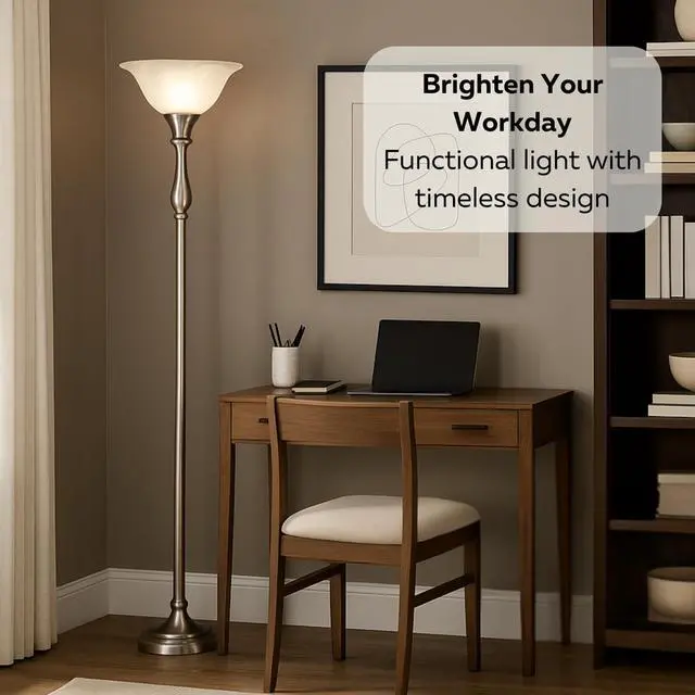 Alt view image 6 of 7 - LIGHTACCENTS Floor Lamp, 72-Inch Standing Lamp with Brushed Nickel Finish and White Alabaster Glass Shade  Torchiere Pole Lamp for Living Room, Bedroom, or Corner Lighting