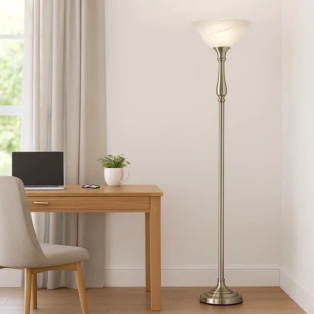 Alt view image 7 of 7 - LIGHTACCENTS Floor Lamp, 72-Inch Standing Lamp with Brushed Nickel Finish and White Alabaster Glass Shade  Torchiere Pole Lamp for Living Room, Bedroom, or Corner Lighting