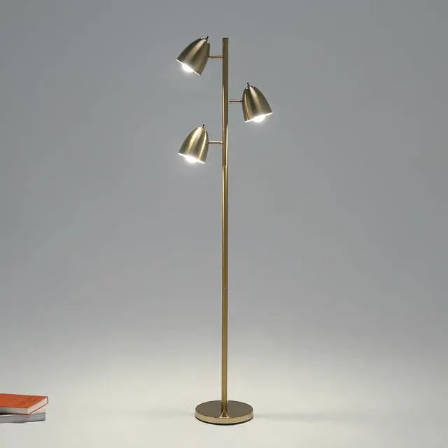 Alt view image 2 of 7 - Brightech Jacob LED Standing Lamp, Modern Bright Floor Lamps for Living Rooms & Bedrooms, Tall LED Lighting Lamp with Adjustable 3 Light Tree  Antique Brass/Gold