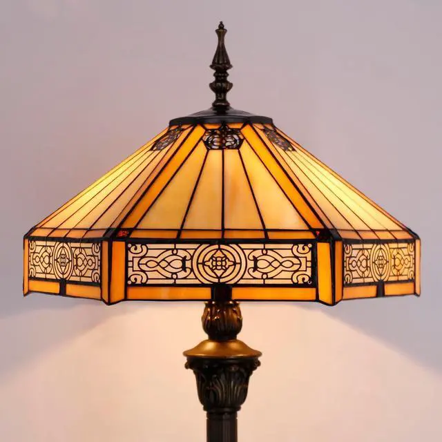 Alt view image 5 of 7 - WERFACTORY Tiffany Floor Lamp Yellow Hexagon Stained Glass Mission Standing Reading Light 16X16X64 Inches Antique Pole Corner Lamp Decor Bedroom Living Room Home Office S011 Series