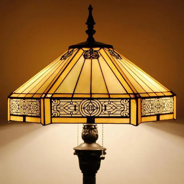 Alt view image 6 of 7 - WERFACTORY Tiffany Floor Lamp Yellow Hexagon Stained Glass Mission Standing Reading Light 16X16X64 Inches Antique Pole Corner Lamp Decor Bedroom Living Room Home Office S011 Series