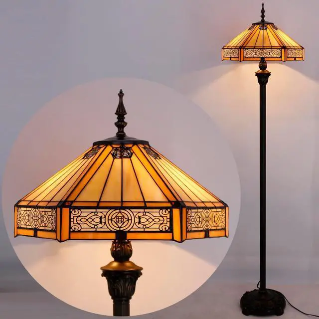 Alt view image 7 of 7 - WERFACTORY Tiffany Floor Lamp Yellow Hexagon Stained Glass Mission Standing Reading Light 16X16X64 Inches Antique Pole Corner Lamp Decor Bedroom Living Room Home Office S011 Series