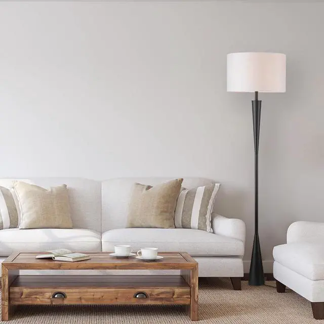 Alt view image 2 of 7 - Globe Electric 67224 70" Floor Lamp, Matte Black Finish, White Fabric Shade, Modern Tapered Frame, E26 Base, Contemporary Living Room and Bedroom Lighting