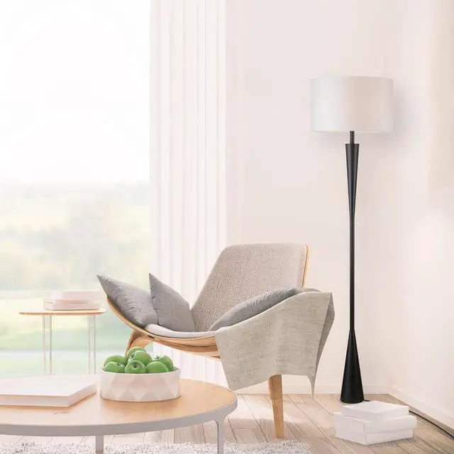 Alt view image 3 of 7 - Globe Electric 67224 70" Floor Lamp, Matte Black Finish, White Fabric Shade, Modern Tapered Frame, E26 Base, Contemporary Living Room and Bedroom Lighting