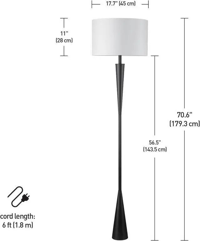 Alt view image 7 of 7 - Globe Electric 67224 70" Floor Lamp, Matte Black Finish, White Fabric Shade, Modern Tapered Frame, E26 Base, Contemporary Living Room and Bedroom Lighting