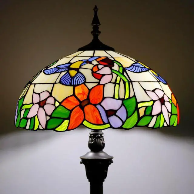 Alt view image 6 of 7 - WERFACTORY Tiffany Floor Lamp Hummingbird Amber Stained Glass Standing Reading Light 16X16X64 Inches Antique Pole Corner Lamp Decor Bedroom Living Room Home Office S101 Series